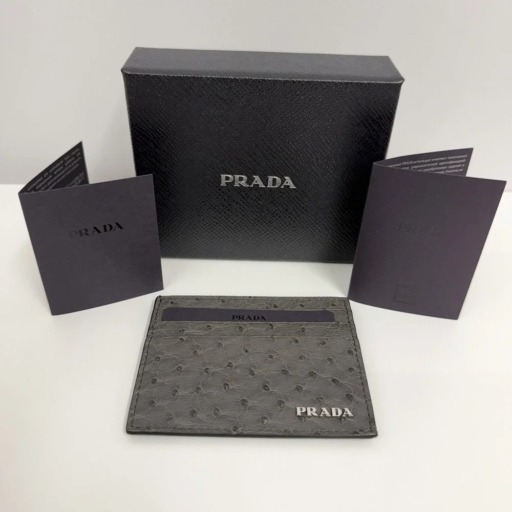 Prada Ostrich Wallet Small Perfect For Credit Cards ID NIB Gray Ostrich Struzzo